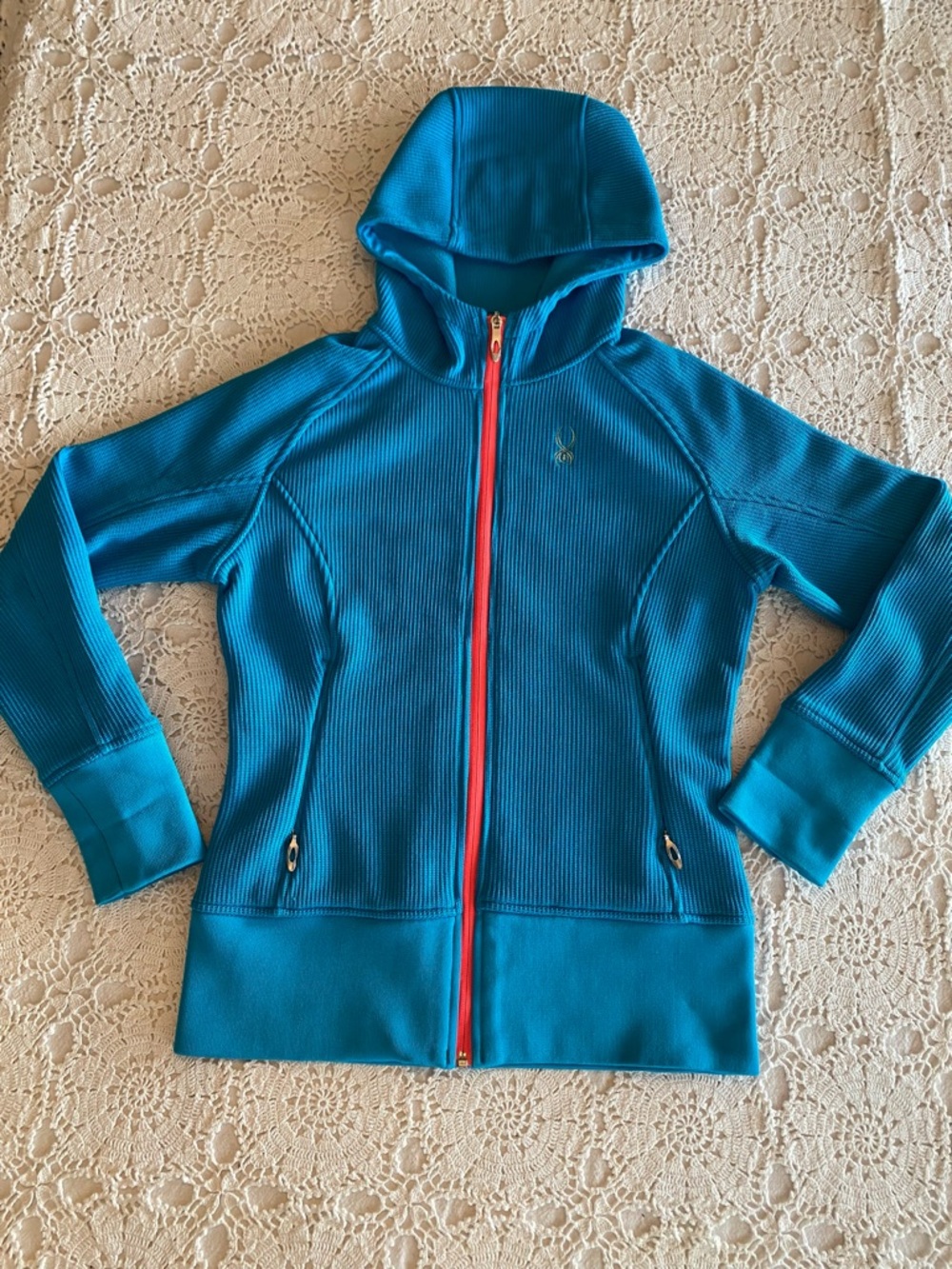 Spyder Core Sweater Jacket Women's Medium Turquoise Hooded Full Zip Knit Fleece